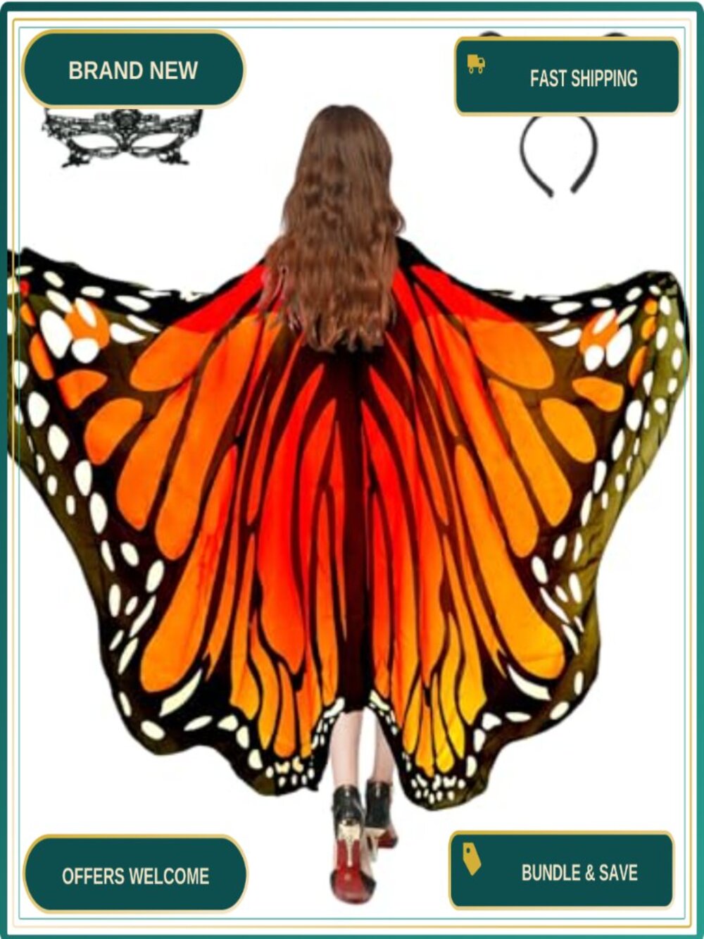 Chiffon Butterfly Wings Costume Set Adult Cape Mask Headband 3 Piece Fairy